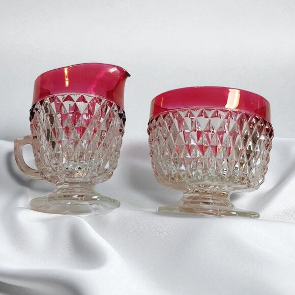 Vintage Indiana Glass Ruby Diamond Point Creamer & Sugar Set – Mid Century - Picture 6 of 11